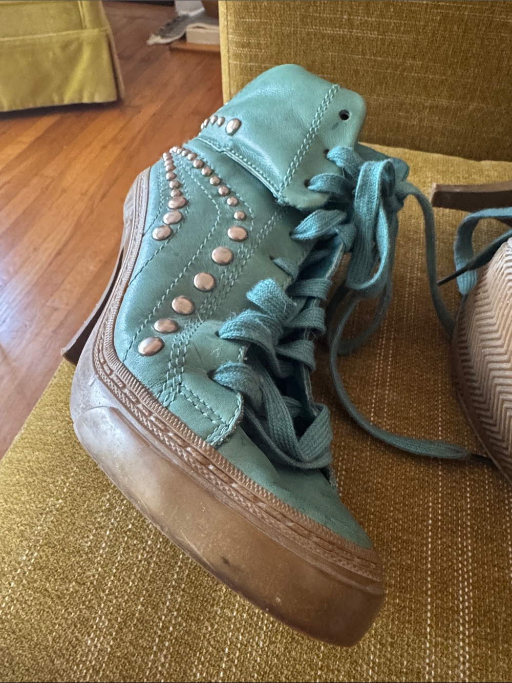 Ash Teal Lace-Up Studded High-Top Heels - Picture 3 of 11
